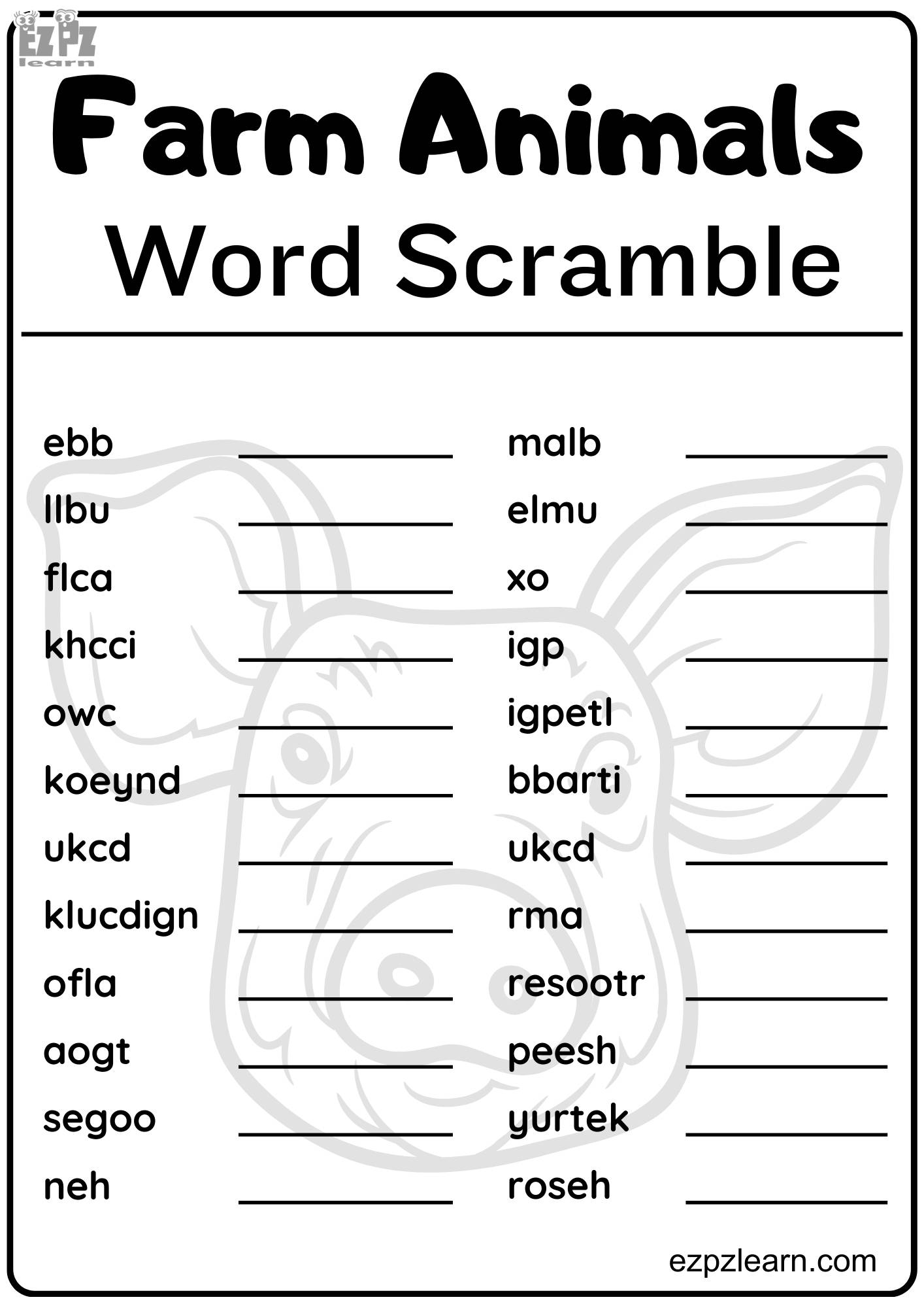 Farm Animals Word Scramble 24 Words Free Downloadable PDF Activity